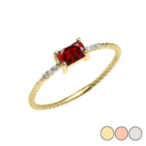 Dainty Solitaire Emerald Cut Garnet and Diamond Rope Design Engagement/Promise Ring in Gold (Yellow/Rose/White)