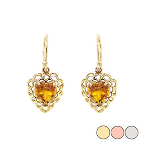 Genuine Gemstone Filigree Heart-Shaped Dangle Earrings in Gold (Yellow/Rose/White)