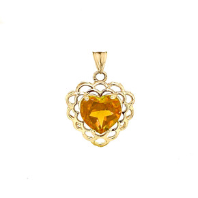 Genuine Citrine Filigree Heart-Shaped Pendant Necklace in Gold (Yellow/Rose/White)