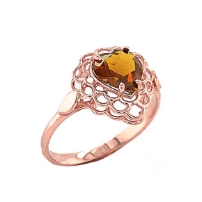 Rose Gold Filigree Heart Citrine Birthstone Ring