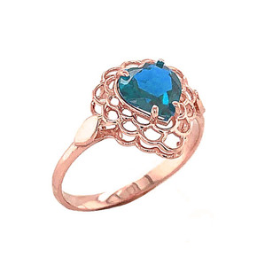 Rose Gold Filigree Heart Blue Topaz Birthstone Ring