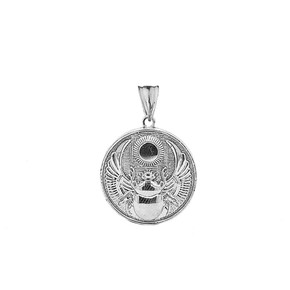 Ancient Egyptian Scarab Beetle and Sun Disc Pendant Necklace in Sterling Silver