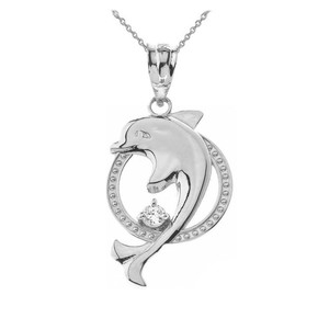 Sterling Silver Hoop Jumping Dolphin CZ Pendant Necklace