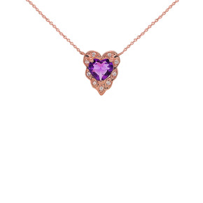 14K Halo Diamond Heart-Shaped Personalized Genuine Birthstone and Necklace in Rose Gold