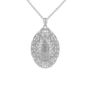 Diamond Filigree Our Lady of Guadalupe Pendant Necklace in Sterling Silver