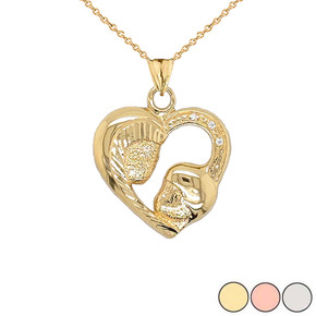 Diamond Studded Mother and Child Heart Charm Pendant Necklace in Gold (Yellow/Rose/White)