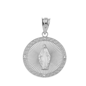 Mary Mother of Jesus Circle Sterling Silver Medallion CZ Pendant Necklace