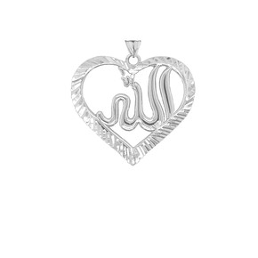 Sparkle-cut Allah Open Heart Pendant Necklace in Sterling Silver