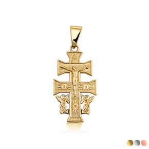 Gold Caravaca Double Cross Pendant Necklace(Available In Yellow/Rose/White And TwoTone Gold)