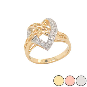 Diamond 11-Stone Crossed Heart Ring in Gold (Yellow/Rose/White)