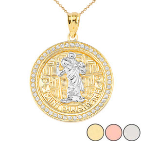 Diamond Saint Christopher medallion Pendant Necklace in Gold (Yellow/Rose/White)