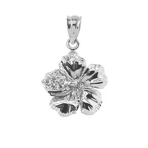 Large Diamond Caribbean Hibiscus Dainty Pendant Necklace In Sterling Silver