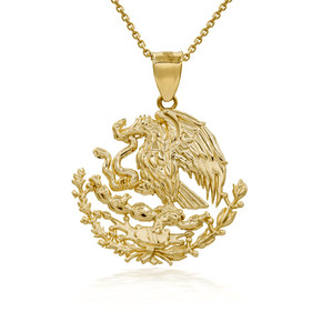 Yellow Gold 3D Mexican Coat Of Arms Eagle Emblem Pendant Necklace