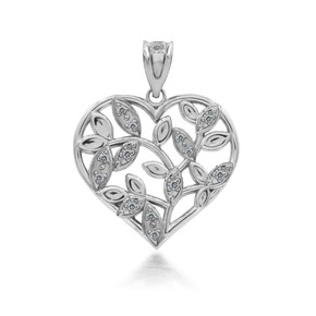 Sterling Silver Olive Branch Heart Pendant with Diamond Leaves