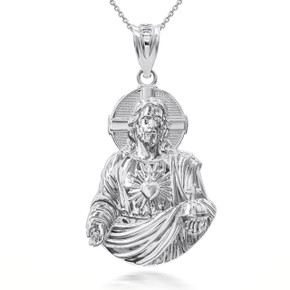 925 Sterling Silver 3D Jesus Christ Sacred Heart Big Pendant Necklace