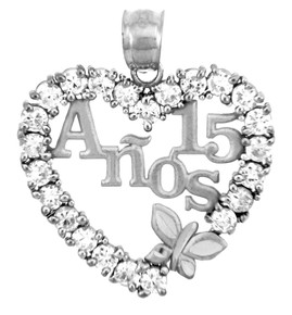 .925 Sterling Silver Sweet Cubic Zirconia Heart 15 Años Butterfly Quinceañera Pendant