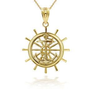 Gold Ship Wheel Helm Anchor Roped 3D Charm Necklace (Available in Yellow/Rose/White Gold)