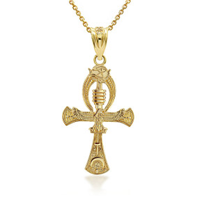 Gold 3D Egyptian Ankh Cross Eagle Eye of Horus Wadjet Pendant Necklace