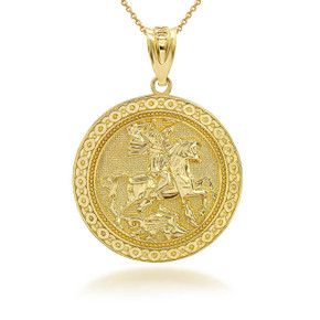 Gold Saint George Dragon Hunter 3D Charm Necklace (Available in Yellow/Rose/White Gold)