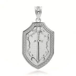 Sterling Silver Saint Michael's Sword Shield 3D Charm Necklace