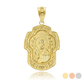 Gold Nikolay Chudotvorets Russian Orthodox Cross Charm Necklace (Available in Yellow/Rose/White Gold)