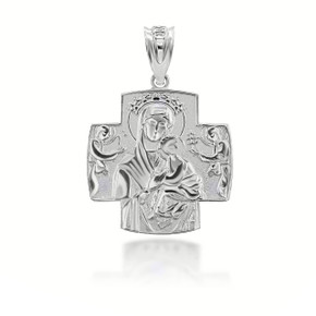 Silver Jesus And Mary Two Sided Russian Orthodox Cross Charm Necklace