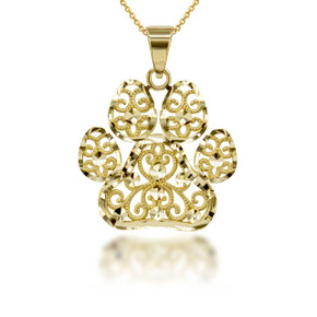 Sparkle Cut Filigree Paw Print Pendant Necklace in Gold(Available in Yellow/ White/ Rose Gold)