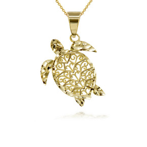 Sparkle Cut Filigree Turtle Pendant Necklace in Gold(Available in Yellow/ White/ Rose Gold)