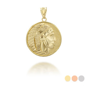 Yellow Gold Native American Apache Chief Head Coin Medallion Pendant / Necklace (Available in Yellow, Rose and White)