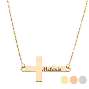 Personalized Gold Engraved Sideways Cross Necklace with Any Name(Yellow/Rose/White)