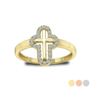 CZ Studded Outline Cross Ring in Gold (Available in Yellow/Rose/White Gold)