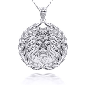 White Gold Lion Head Laurel Wreath Pendant Necklace