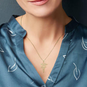 Gold Nurse Practitioner NP Caduceus Pendant Necklace On Model Gold Nurse Practitioner NP Caduceus Pendant Necklace On Model