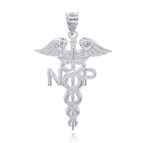 White Gold Nurse Practitioner NP Caduceus Pendant