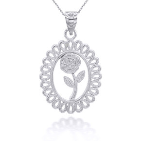 Silver Rose in Filigree Bezel Pendant Necklace