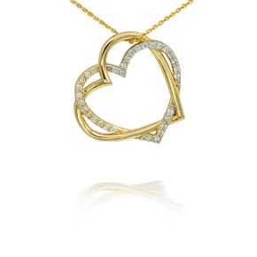 Yellow Gold Double Heart with Diamonds Pendant Necklace