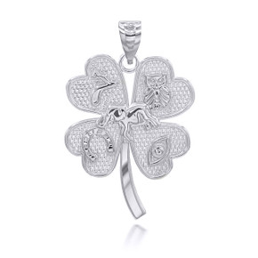 White Gold Four Leaf Clover Good Luck Charm Pendant