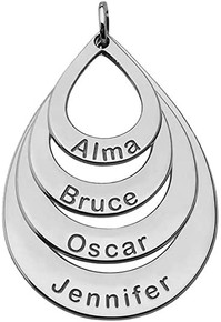 Personalized Engravable Silver Teardrop Charm Pendant With Four Names