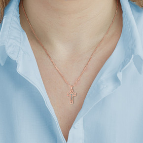 Rose Gold Openwork Mini Crucifix Pendant Necklace On Model