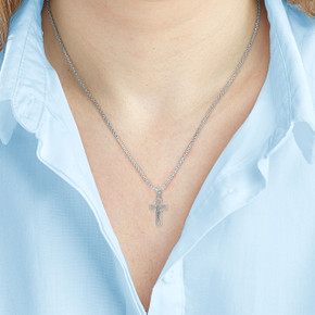 Silver Openwork Mini Crucifix Pendant Necklace On Model