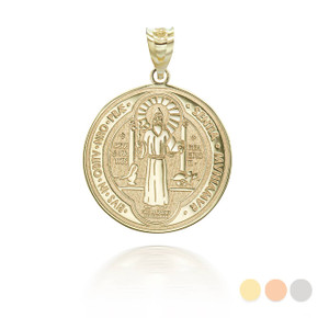 Gold Personalized Saint Benito Prayer Coin Medallion Reversible Pendant 