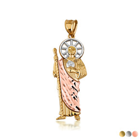 Tri-Color Gold Diamond Cut Patron Saint Jude Milgrain Pendant Necklace (Available in Mini/Small/Medium/Large & Yellow/Rose/White Gold)