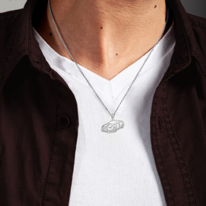 Silver Personalized Race Car Reversible Pendant Necklace On Male Model