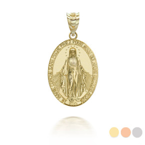 Yellow Gold Virgin Saint Mary Prayer Oval Coin Medallion Pendant