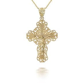 Yellow Gold Filigree Jesus Crucifix Cross Pendant Necklace