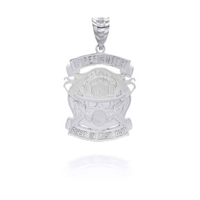 White Gold Firefighter Logo "First In Last Out"  Pendant