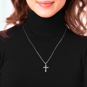 White Gold Patterned Crucifix Cross Pendant Necklace On Model