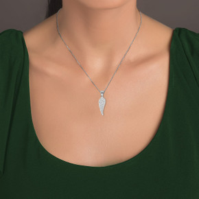 White Gold Sparkle Cut Angel Wing Pendant Necklace On Model