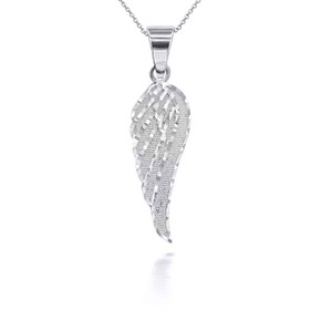 Silver Sparkle Cut Angel Wing Pendant Necklace