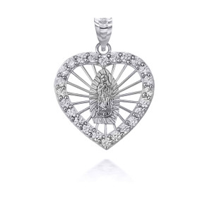 Silver Our Lady of Guadalupe CZ Heart Openwork Pendant